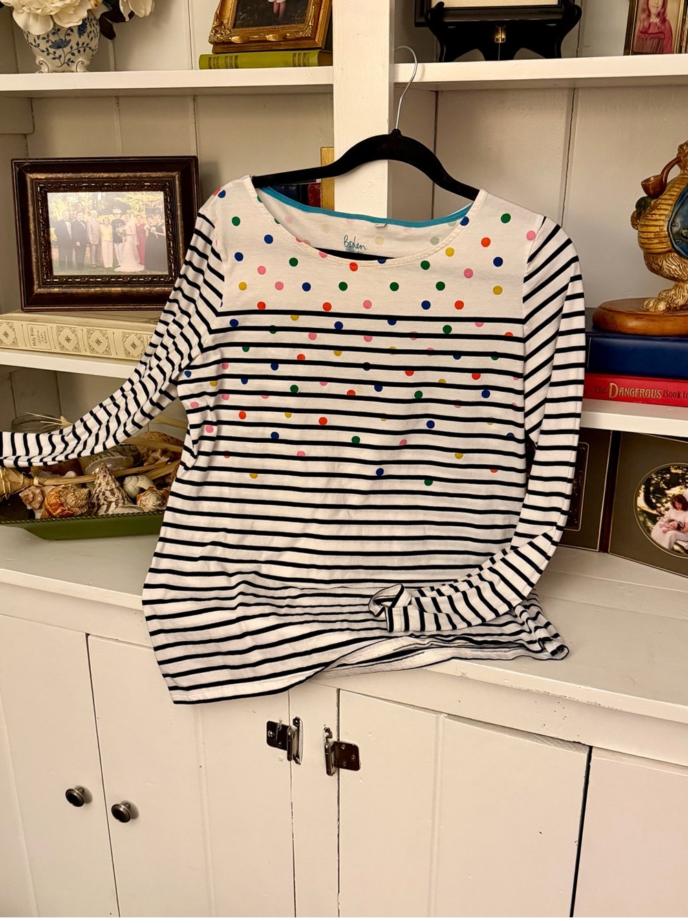 Boden White Striped Top with Multicolor Polka Dots and Teal Trim, size 12